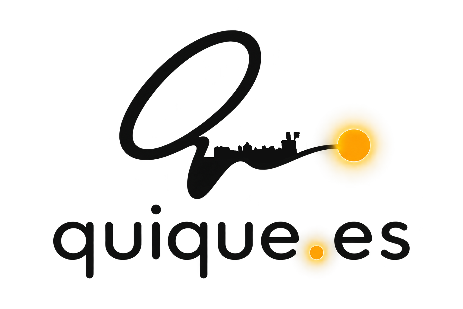 Logo de quique.es: firma, silueta de la Alhambra y nodo solar ámbar